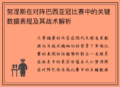 努涅斯在对阵巴西亚冠比赛中的关键数据表现及其战术解析 努涅斯在对阵巴西亚冠比赛中的关键数据表现及其战术解析